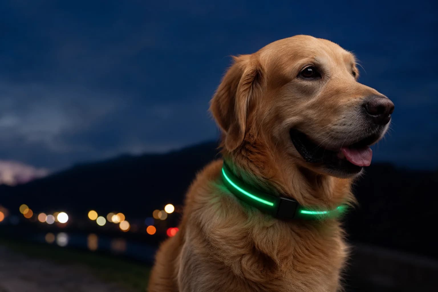 Dog wearing a glowing Zexura safety collar